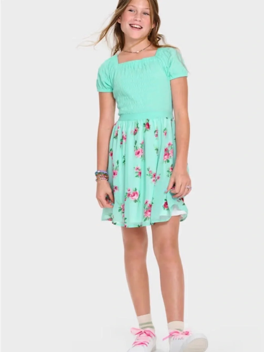 The Children's Place Mint Floral Smocked Short Sleeve Dress